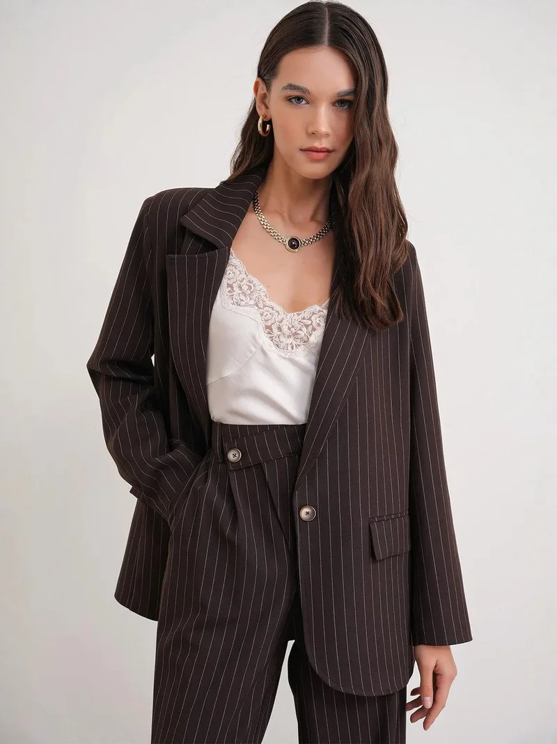 MixRay Coffee Brown MIXRAY Striped Oversize Blazer for Women | Best Price UAE